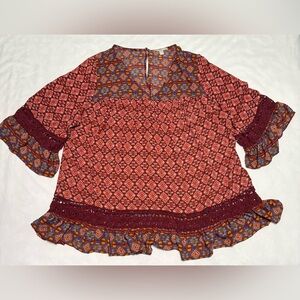 Woman Within Red Relaxed Blouse with Ruffled Sleeves